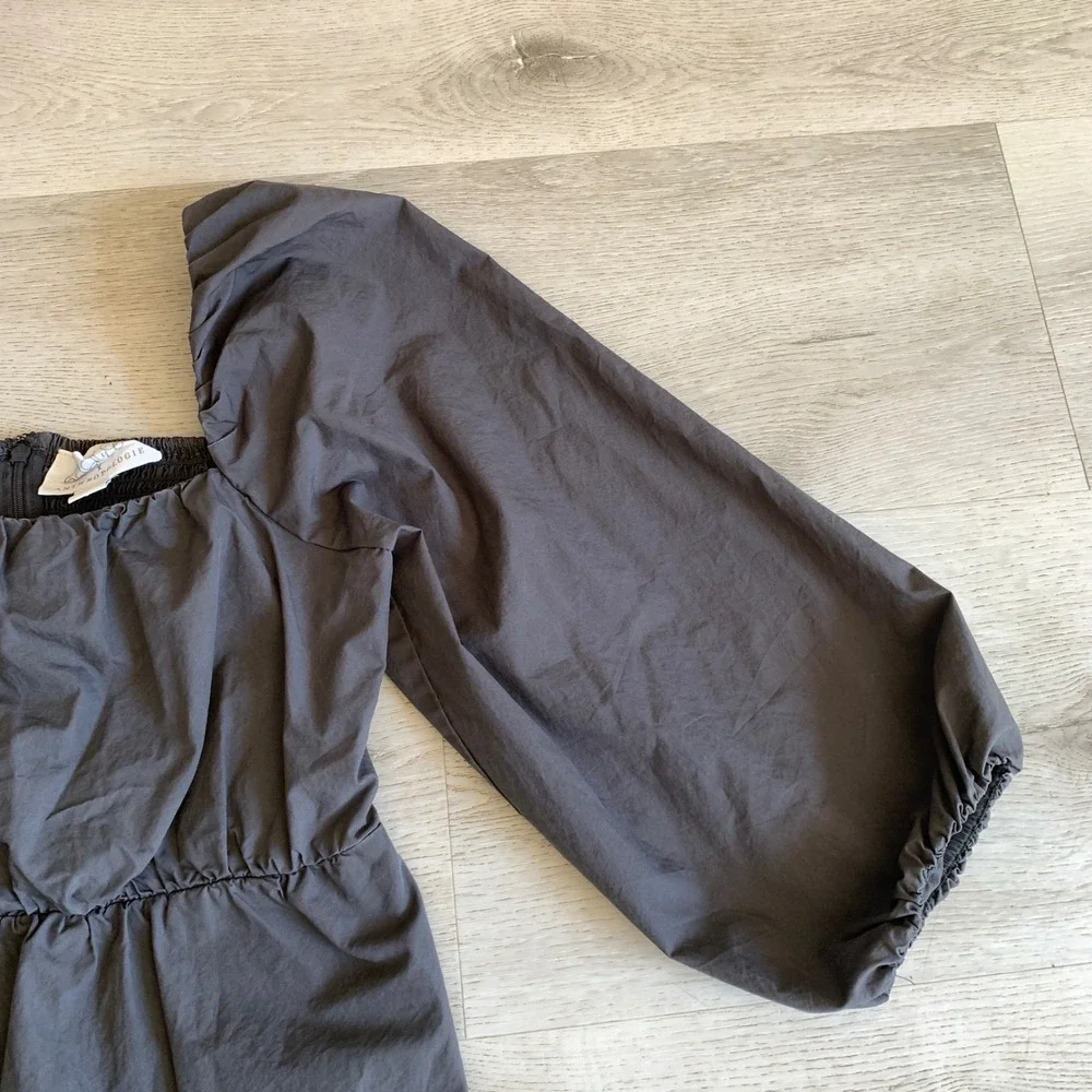Anthropologie Maree Puff Sleeve Romper Charcoal Grey Smocked Back Square‎ Neck S